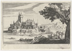 Pagórkowaty krajobraz z zamkiem na wyspie Krajobrazy Europy Południowej (tytuł serii) Topographia variarum regionum (tytuł serii) autorstwa Simon Frisius