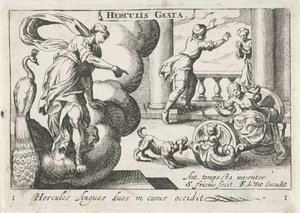 Jonge Hercules wurgt twee slangen Herkules zabija dwa węże w ich kołyskach (tytuł na obiekcie) Herculische tematu (tytuł serii) Herkules (tytuł serii na obiekcie) autorstwa Simon Frisius
