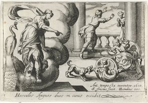 Jonge Hercules wurgt twee slangen Herkules zabija dwa węże w ich kołyskach (tytuł na obiekcie) Herculische tematu (tytuł serii) autorstwa Simon Frisius