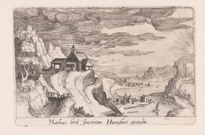 Krajobraz z doliną rzeki i kościołem na wzgórzu, z Topographia Variarum Regionum autorstwa Simon Frisius