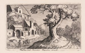 Mężczyzna z osłem idący przez wioskę, z Topographia Variarum Regionum autorstwa Simon Frisius