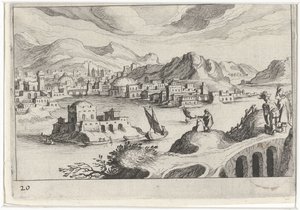 Pejzaż miejski w dolinie rzeki Krajobrazy Europy Południowej (tytuł serii) Topographia variarum regionum (tytuł serii) autorstwa Simon Frisius