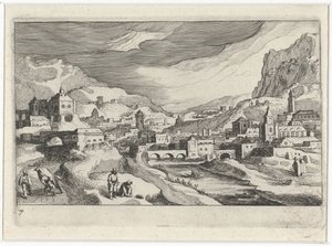 Pejzaż miejski w dolinie rzeki Krajobrazy Europy Południowej (tytuł serii) Topographia variarum regionum (tytuł serii) autorstwa Simon Frisius