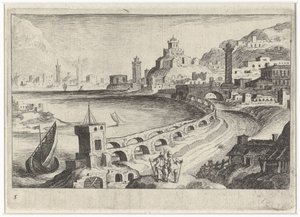 Pejzaż miejski z akweduktem Krajobrazy Europy Południowej (tytuł serii) Topographia variarum regionum (tytuł serii) autorstwa Simon Frisius