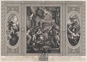 Alegoryczna scena ukazująca korzyści panowania Jakuba w centrum, Wise Government Tramp..., 1720.