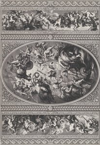 Apoteoza Jakuba I w owalu pośrodku, fryzy z puttami i girlandami na obu ..., 1720.