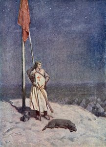 Rycerz stoi na warcie na Górze św. Jerzego ze sztandarem Anglii, ilustracja z 