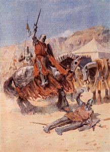 Rycerze spotykają się w konflikcie, ilustracja z „Talizman: opowieść o krzyżowcach” Sir Waltera Scotta