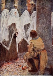 Rycerz szkocki na jednym kolanie obserwował przechodzące zakonnice z welonami, ilustracja do „Talizman: opowieść o krzyżowcach” Sir Waltera Scotta
