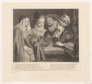 Gezelschap van vijf aktorzy bij een parapet Kokietki Praca Antoine Watteau (tytuł serii) Dzieło Antoine