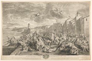 Ofiary dżumy dymieniczej są zabijane w La Tourette w Marsylii La Peste dans la ville de Marseille en 1720 (tytuł na obiekcie) autorstwa Simon Henri Thomassin