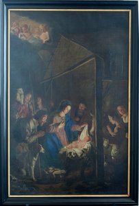 Kościół parafialny (kościół Matki Bożej Wniebowstąpienia). Wnętrze. obraz. Scena Bożego Narodzenia. Szymona DePaepego. Pochodzenie opactwa Ename (?).