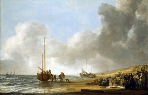 Scena na plaży Scheveningen (Haga, Holandia), morze po lewej i wydmy po prawej, w centrum łódź rybacka na stępce i grupa rybaków.