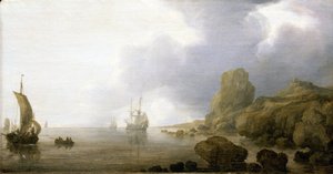 Łodzie na płytkich wodach skalistej zatoki, romantyczna i wyidealizowana wizja. Olej na drewnie, Simon de Vlieger (1600-1653).