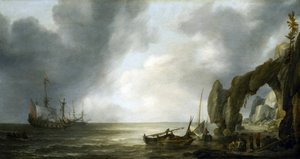 Holenderskie okręty wojenne zakotwiczyły przy skalistym wybrzeżu, kilku członków załogi wylądowało na brzegu, gromadząc się wokół koszy rybackich