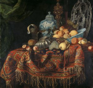 Martwa natura z owocami, talerzami i potrawami na dywanie z indyka autorstwa Simon Luttichuys (attributed to)