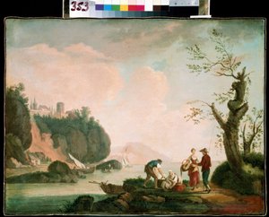 Rybacy. Obraz Simona Mathurina Lantarata (1729-1778). Olej na płótnie. Sztuka francuska, rokoko. Muzeum Sztuki Michaiła Kroszyckiego, Sewastopol (Sewastopol) Ukraina autorstwa Simon Mathurin Lantarat