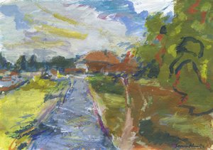 Pavenment i skrót do domów, 2024 (akryl, akwarela, ołówki akwarelowe i pastel olejny na papierze) autorstwa Simon Neville