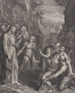 Wskrzeszenie Łazarza, z Chrystusem stojącym po lewej stronie, ca. 1729. autorstwa Simon Vallee
