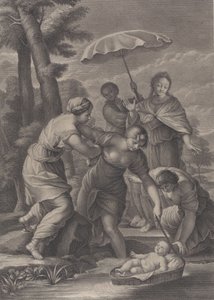 Trzy kobiety ciągnące z wody kosz z małym Mojżeszem, ok. godz. 1729. autorstwa Simon Vallee