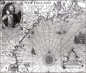 Mapa wybrzeża Nowej Anglii, obserwowana i opisana przez kapitana Johna Smitha (1580-1631) 1614, z „Generall Historie”, 1624