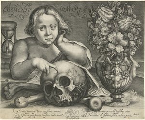 Dziecko z czaszką (Vanitas) Memento Mori (tytuł na obiekcie)