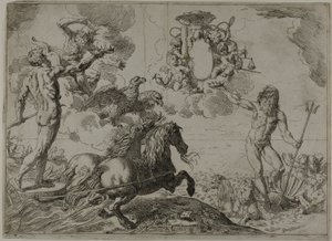 Jowisz, Neptun i Pluton oddają swoje korony w ramiona kardynała Borghese autorstwa Simone Cantarini