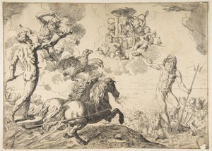 Jowisz, Neptun i Pluton ofiarowują swe korony ramionom kardynała Borghese, 1642-43. autorstwa Simone Cantarini