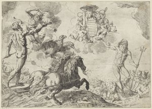 Jowisz, Neptun i Pluton ofiarowują swoje korony w ramionach kardynała Scipione Borghese Teza Jupiter, Neptune et Pluton coronas suas offerunt armis (tytuł na obiekcie)