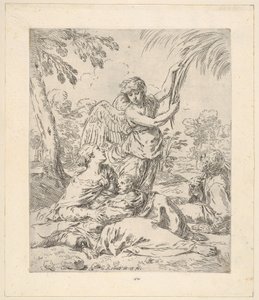 Odpocznij w Egipcie, Maryja pielęgnująca niemowlę Chrystus, podczas gdy anioł ciągnie za gałąź..., ok. 1630-1648. autorstwa Simone Cantarini