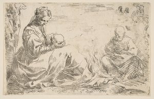 Odpocznij w locie do Egiptu, Maryja trzymająca i patrząca na Dzieciątko Chrystus, podczas gdy św. 1637. autorstwa Simone Cantarini
