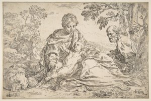 Odpocznij podczas lotu do Egiptu, Maryja trzymająca Dzieciątko Chrystusa ze św. Józefem po prawej stronie, ok. godz. 1640. autorstwa Simone Cantarini