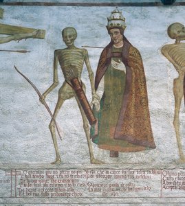 Śmierć prosząca papieża do tańca, fragment z Tańca śmierci autorstwa Simone II Baschenis
