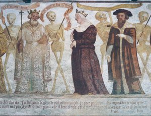 Śmierć z królem, królową i doktorem, fragment z Tańca śmierci autorstwa Simone II Baschenis