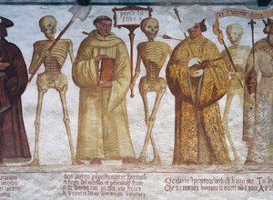 Śmierć z mnichem, fragment z Tańca śmierci autorstwa Simone II Baschenis