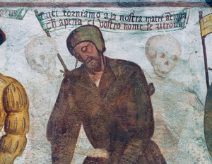 Śmierć z kulawym człowiekiem, fragment z Tańca śmierci autorstwa Simone II Baschenis