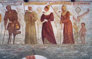 Śmierć z kulawym mężczyzną, zakonnicą, młodą kobietą, staruszką i dzieckiem, fragment z Tańca śmierci