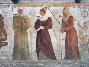 Śmierć z zakonnicą, młodą kobietą i staruszką, fragment z Tańca śmierci