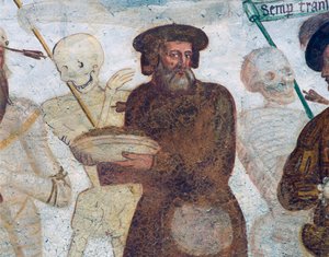 Śmierć z bogatym skąpcem, fragment z Tańca śmierci autorstwa Simone II Baschenis
