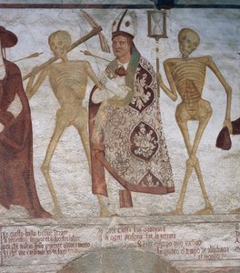 Biskup i śmierć, fragment z Tańca śmierci autorstwa Simone II Baschenis