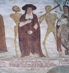 Kardynał i śmierć, fragment z Tańca śmierci autorstwa Simone II Baschenis