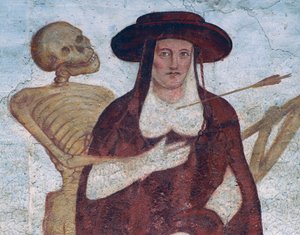 Kardynał i śmierć, fragment z Tańca śmierci autorstwa Simone II Baschenis