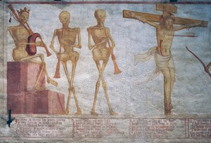 Trzy szkielety grające Taniec śmierci i Chrystus na krzyżu, fragment z Tańca śmierci