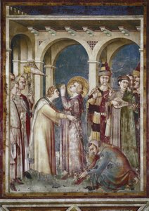 Fresk z życia św. Marcina. Święty Marcin to rycerz, szczegół. Ekwa Saint Martin de Tours i muzycy. Obraz Simone Martini (1280-1344). Fresk autorstwa Simone Martini