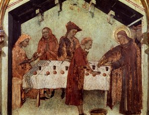 Ludwik obsługujący mnichów przy stole, fragment z Życia Ludwika z Tuluzy, z predelli św. Ludwika biskupa Tuluzy koronującej jego brata Roberta z Anjou, króla Neapolu autorstwa Simone Martini
