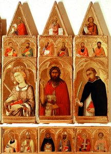 Św. Katarzyna Aleksandryjska, Św. Jan Chrzciciel, Św. Piotr z Werony. Szczegół poliptyku św. Katarzyny Aleksandryjskiej (tempera i złoto na drewnie) autorstwa Simone Martini