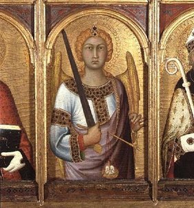 Św. Michał, fragment ołtarza Św. Geminianusa, Michała i Augustyna, ok. 1319 (tempera ze złotem i srebrem na desce) (detal z 58835) autorstwa Simone Martini