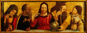 Ostatnia Wieczerza, detal z predelli poliptyku autorstwa Simone da Firenze, obraz na drewnie, kościół Świętych Piotra i Pawła, San Chirico Raparo, Potenza, Włochy. autorstwa Simone da Firenze