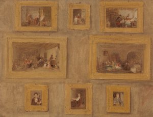 Jedynak; Harfa Żyda; Odcięty palec; Buff ślepca; Dzień czynszu; Szkocki dudziarz; Prieu-Dieu; i Autoportret: szkic ośmiu obrazów oprawionych i wiszących na ścianie