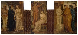 Kupidyn i Psyche - Pałacowe Zielone Murale - Siostry Psyche odwiedzają ją w Domu Kupidyna, 1881. autorstwa Sir Edward Coley Burne Jones